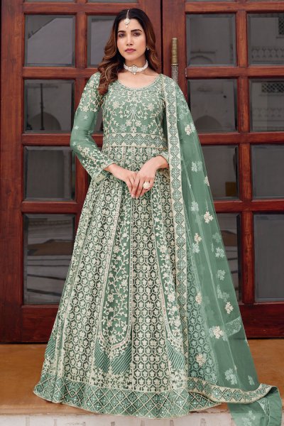 Sea Green Designer Embroidered Net Anarkali Dress with Dupatta Sea Green Designer Embroidered Net Anarkali Dress with Dupatta