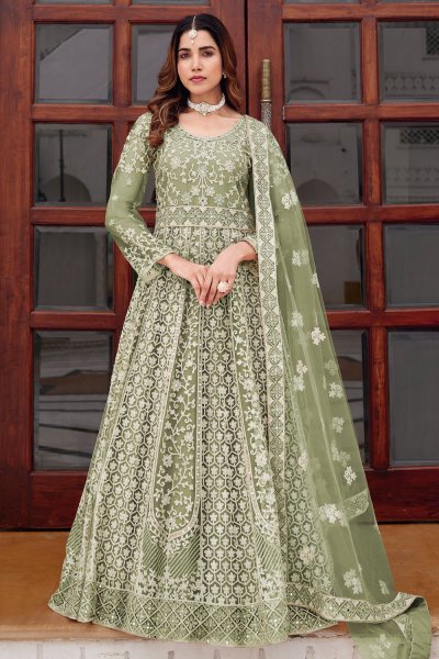 Olive Green Designer Embroidered Net Anarkali Dress with Dupatta Olive Green Designer Embroidered Net Anarkali Dress with Dupatta