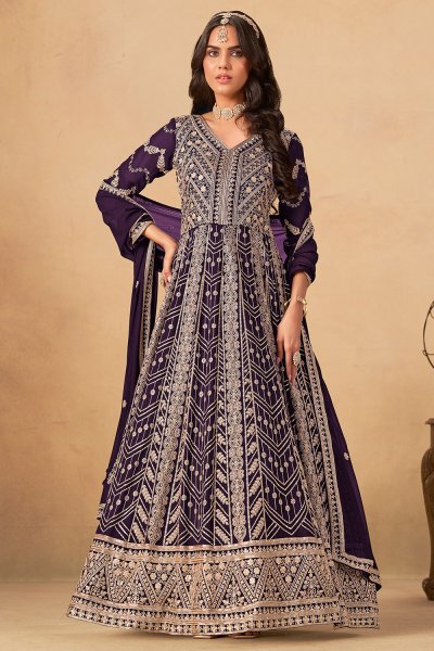 Plum Georgette Embroidered Anarkali Set with Dupatta Plum Georgette Embroidered Anarkali Set with Dupatta