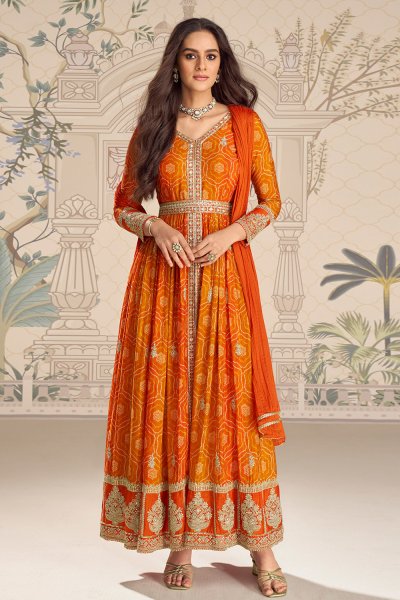Orange Chinon Silk Bandhani Anarkali Set with Dupatta Orange Chinon Silk Bandhani Anarkali Set with Dupatta