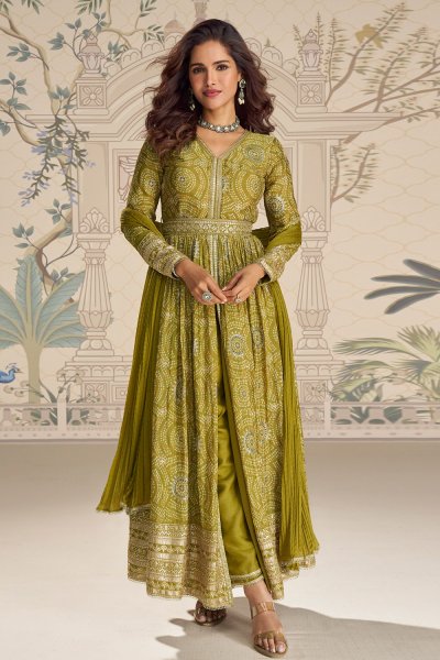Green Chinon Silk Bandhani Anarkali Set with Dupatta Green Chinon Silk Bandhani Anarkali Set with Dupatta