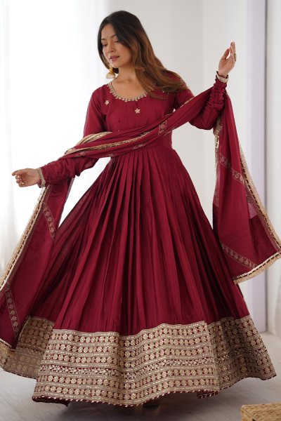 Maroon Red Chinon Silk Embroidered Anarkali Set with Dupatta
