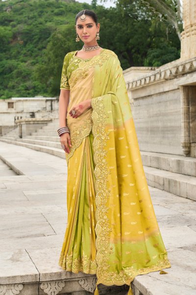 Yellow & Lime Green Two Tone Silk Embroidered Saree Yellow & Lime Green Two Tone Silk Embroidered Saree