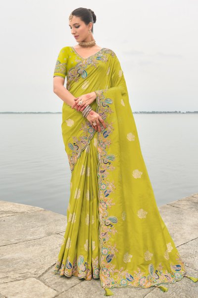 Lime Green Silk Embroidered Saree Lime Green Silk Embroidered Saree