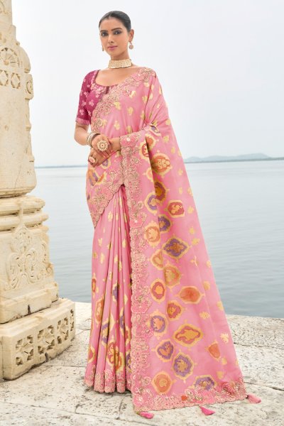 Baby Pink & Dark Pink Silk Embroidered Saree Baby Pink & Dark Pink Silk Embroidered Saree