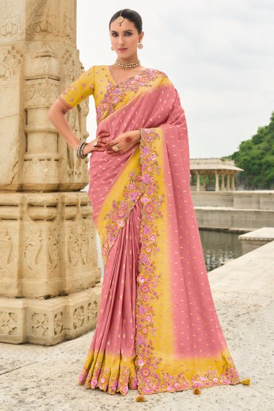 Blush Pink & Yellow Two Tone Silk Embroidered Saree Blush Pink & Yellow Two Tone Silk Embroidered Saree