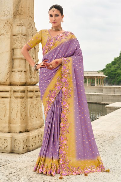Mustard Yellow & Purple Two Tone Silk Embroidered Saree Mustard Yellow & Purple Two Tone Silk Embroidered Saree