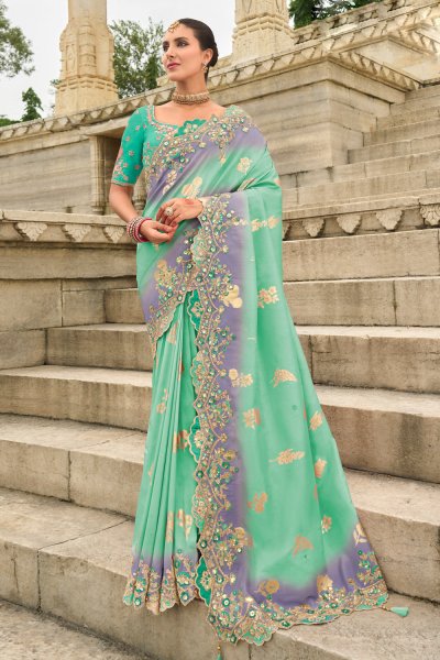 Aqua & Purple Two Tone Silk Embroidered Saree Aqua & Purple Two Tone Silk Embroidered Saree