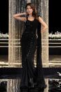 Pre-Draped Black Embroidered Net Saree Gown with Belt