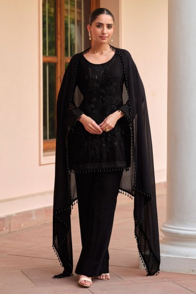 Black Georgette Embroidered Kurta Set with Palazzo & Dupatta