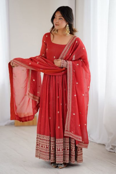 Red Silk Embroidered Anarkali Dress with Dupatta Red Silk Embroidered Anarkali Dress with Dupatta