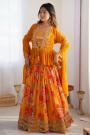 Stunning Tangerine Orange Floral Georgette Embroidered Indo Western Lehenga Set with Jacket