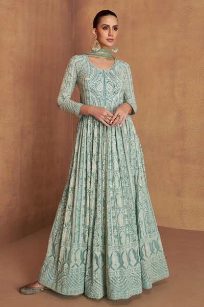 Mint Green Georgette Fully Embroidered Anarkali Dress With Net Dupatta Mint Green Georgette Fully Embroidered Anarkali Dress With Net Dupatta