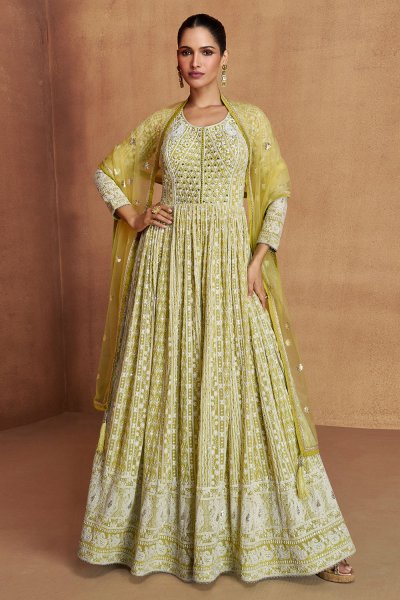 Mustard Green Georgette Fully Embroidered Anarkali Dress With Net Dupatta Mustard Green Georgette Fully Embroidered Anarkali Dress With Net Dupatta