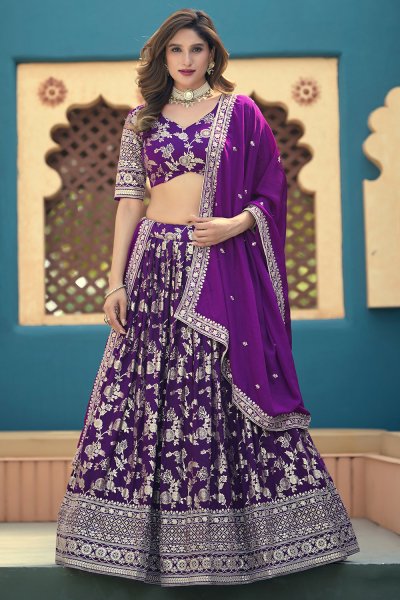 Violet Silk Zari Woven Lehenga Set With Chinon Silk Dupatta Violet Silk Zari Woven Lehenga Set With Chinon Silk Dupatta