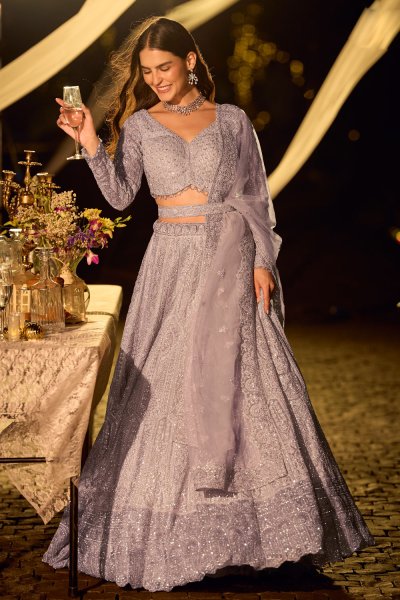 Lavender Net Embroidered Designer Lehenga Set Lavender Net Embroidered Designer Lehenga Set
