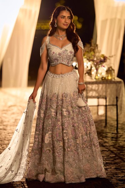 Pearl White Floral Net Embroidered Designer Lehenga Set