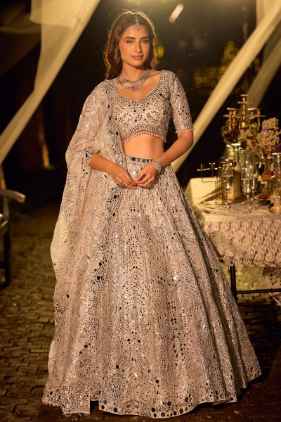 Sparkling Champagne Gold Floral Net Embroidered Designer Lehenga Set