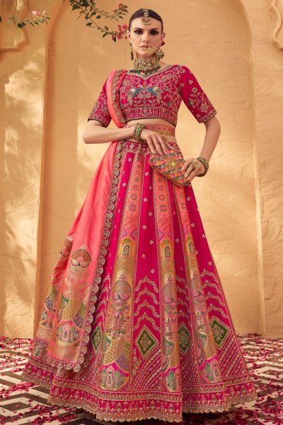 Pink Banarasi Silk Zari Woven & Embroidered Lehenga Set With Belt Pink Banarasi Silk Zari Woven & Embroidered Lehenga Set With Belt