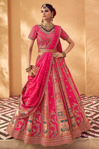 Pink Banarasi Silk Zari Woven & Embroidered Lehenga Set With Belt Pink Banarasi Silk Zari Woven & Embroidered Lehenga Set With Belt