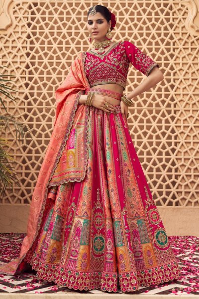 Multicolor Banarasi Silk Zari Woven & Embroidered Lehenga Set With Belt Multicolor Banarasi Silk Zari Woven & Embroidered Lehenga Set With Belt