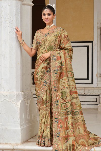 Olive Green Printed, Zari Woven & khatli Embroidered Silk Saree Olive Green Printed, Zari Woven & khatli Embroidered Silk Saree