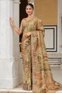 Olive Green Printed, Zari Woven & khatli Embroidered Silk Saree