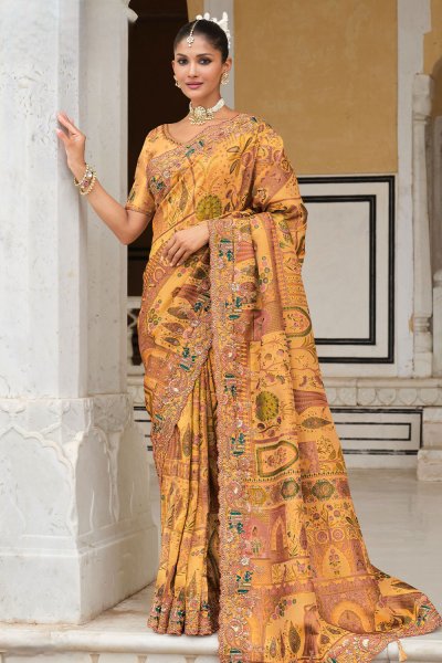 Mustard Zari Woven, Printed, & khatli Embroidered Silk Saree Mustard Zari Woven, Printed, & khatli Embroidered Silk Saree