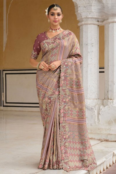 Rosewood Pink Zari Woven, printed, & khatli Embroidered Silk Saree Rosewood Pink Zari Woven, printed, & khatli Embroidered Silk Saree