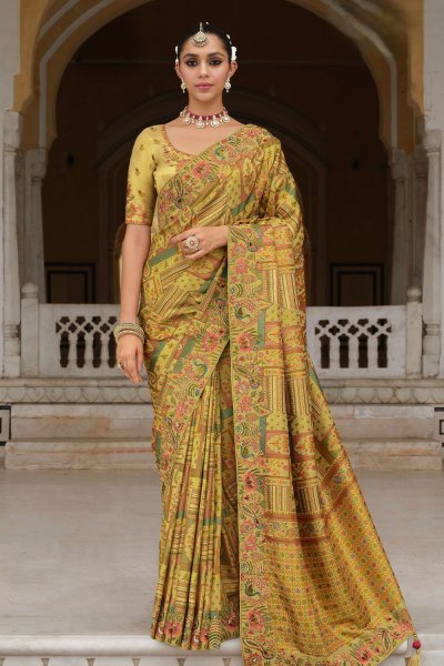 Mustard Green Zari Woven, Printed, & khatli Embroidered Silk Saree Mustard Green Zari Woven, Printed, & khatli Embroidered Silk Saree