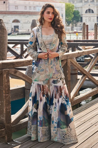Grey & Blue Printed & Embroidered Top & Sharara Set With Jacket Grey & Blue Printed & Embroidered Top & Sharara Set With Jacket