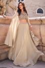 Champagne Beige Organza Silk Embroidered Indowestern Top & Skirt Set With Shrug