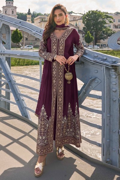 Plum Chinon Silk Embroidered Anarkali Set Plum Chinon Silk Embroidered Anarkali Set