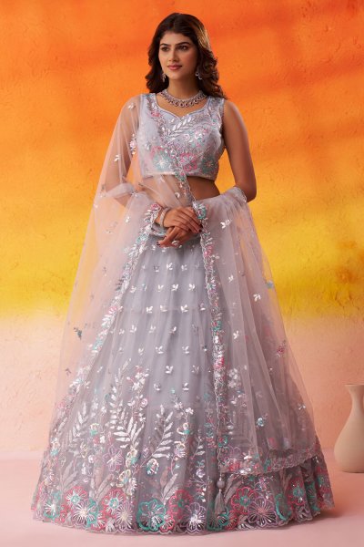 Grey Net Embroidered Lehenga Set Grey Net Embroidered Lehenga Set