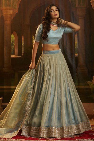 Ice Blue Organza Silk Embroidered Lehenga Set Ice Blue Organza Silk Embroidered Lehenga Set