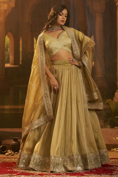 Olive Yellow Crepe Silk Embroidered Lehenga Set Olive Yellow Crepe Silk Embroidered Lehenga Set