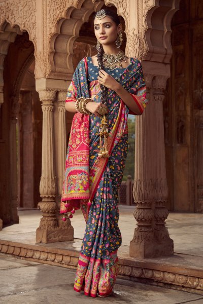 Navy Blue Pashmina Printed Silk Saree With Blouse Navy Blue Pashmina Printed Silk Saree With Blouse
