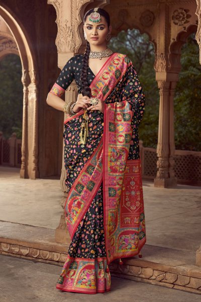 Black Pashmina Printed Silk Saree With Blouse Black Pashmina Printed Silk Saree With Blouse