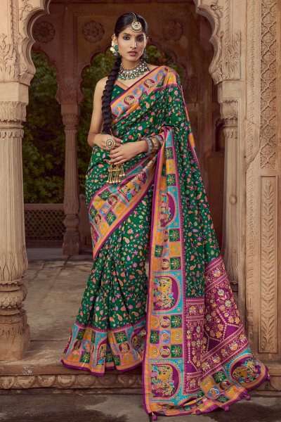 Dark Green Pashmina Printed Silk Saree With Blouse Dark Green Pashmina Printed Silk Saree With Blouse