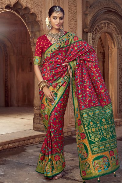 Red Pashmina Printed Silk Saree With Blouse Red Pashmina Printed Silk Saree With Blouse