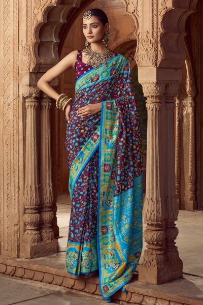 Plum Pashmina Printed Silk Saree With Blouse Plum Pashmina Printed Silk Saree With Blouse