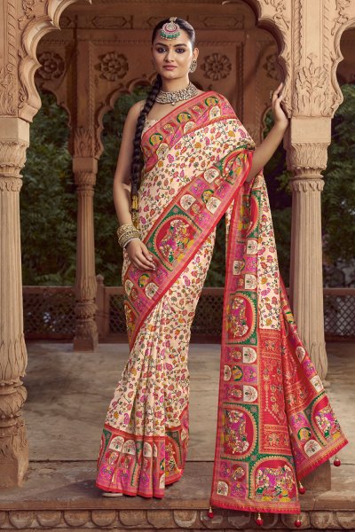 Ivory Pashmina Printed Silk Saree With Blouse Ivory Pashmina Printed Silk Saree With Blouse
