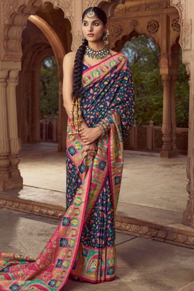 Deep Navy Pashmina Printed Silk Saree With Blouse Deep Navy Pashmina Printed Silk Saree With Blouse