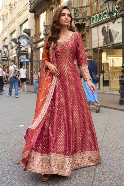 Deep Red Zari Woven & Embroidered Silk Anarkali Dress With Dupatta Deep Red Zari Woven & Embroidered Silk Anarkali Dress With Dupatta