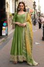 Kiwi Green Zari Woven & Embroidered Silk Anarkali Dress With Dupatta