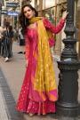 Bright Pink Zari Woven & Embroidered Silk Anarkali Dress With Dupatta