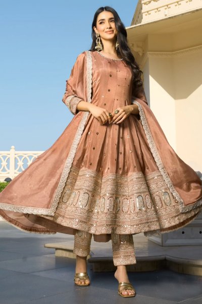 Copper Gold Silk Embroidered Anarkali Set Copper Gold Silk Embroidered Anarkali Set