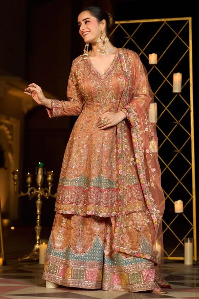 Bronze Gold Embroidered Silk Anarkali Set With Sharara Bronze Gold Embroidered Silk Anarkali Set With Sharara