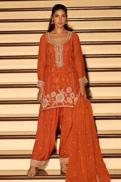Burnt Orange Chinon Silk Embroidered Kurta Set Burnt Orange Chinon Silk Embroidered Kurta Set