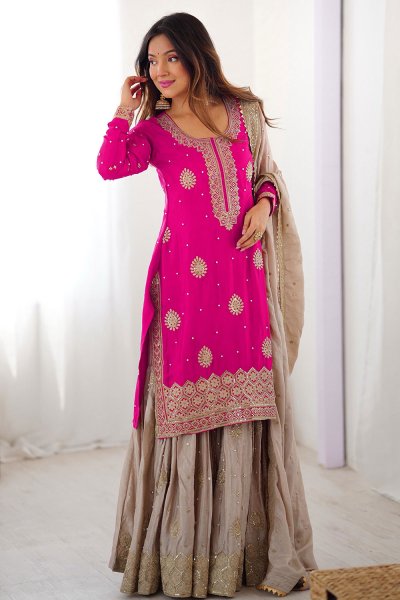 Fuchsia Pink & Beige Chinon Silk Embroidered Sharara Kurta Set Fuchsia Pink & Beige Chinon Silk Embroidered Sharara Kurta Set